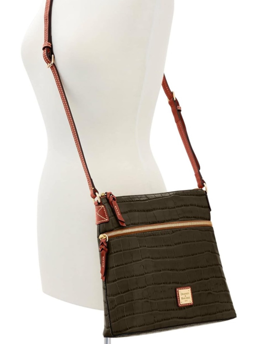 Dooney & Bourke Olive Croc-Embossed Crossbody Bag with Tan Trim Euc - Picture 3 of 10